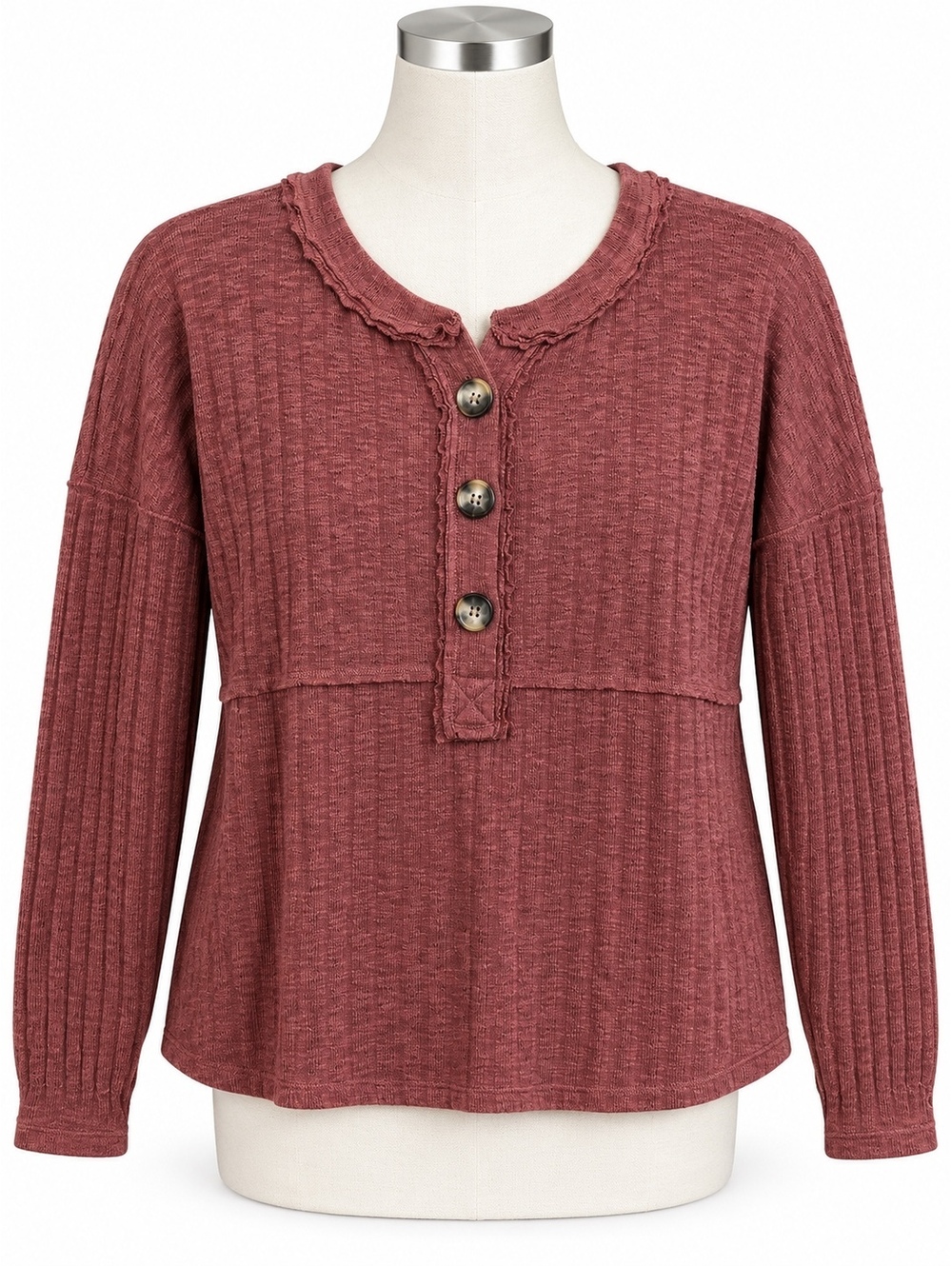 Maurices Large Rust Ribbed Knit Henley Top Oversized Boho Long Sleeve